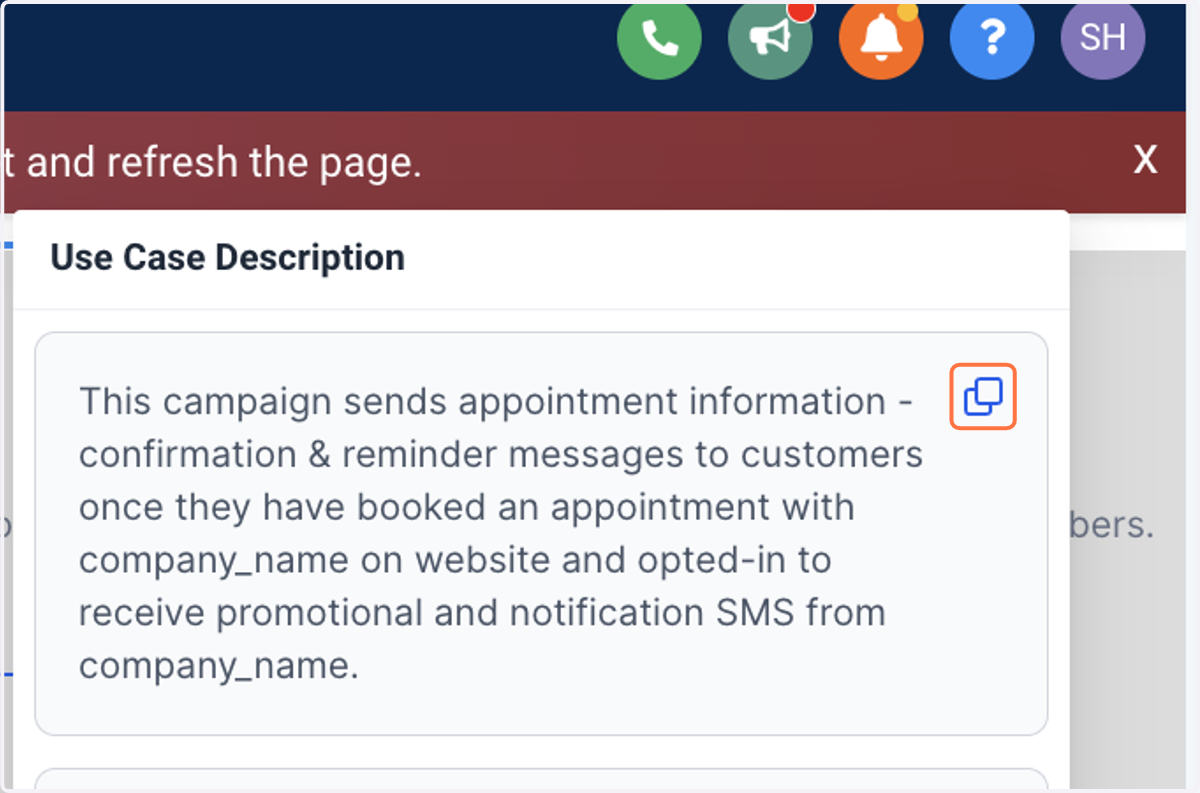 Click on This campaign sends appointment information - confirmation & reminder messages to customers once they have booked an appointment with company_name on website and opted-in to receive promotional and notification SMS from company_name.