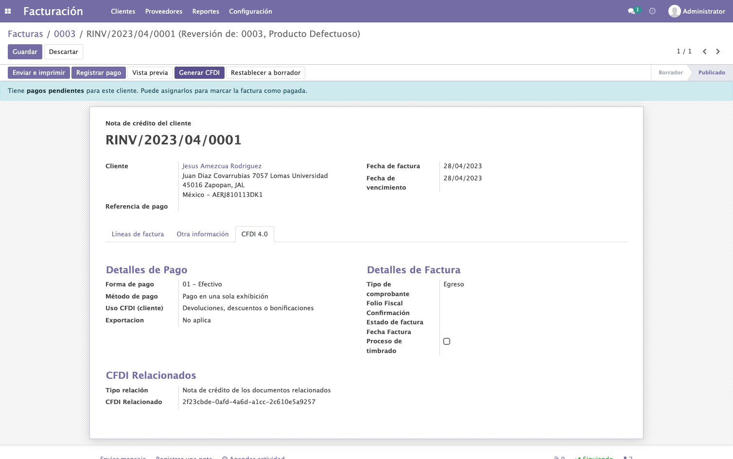 Timbramos la Nota de Credito con click en Generar CFDI
