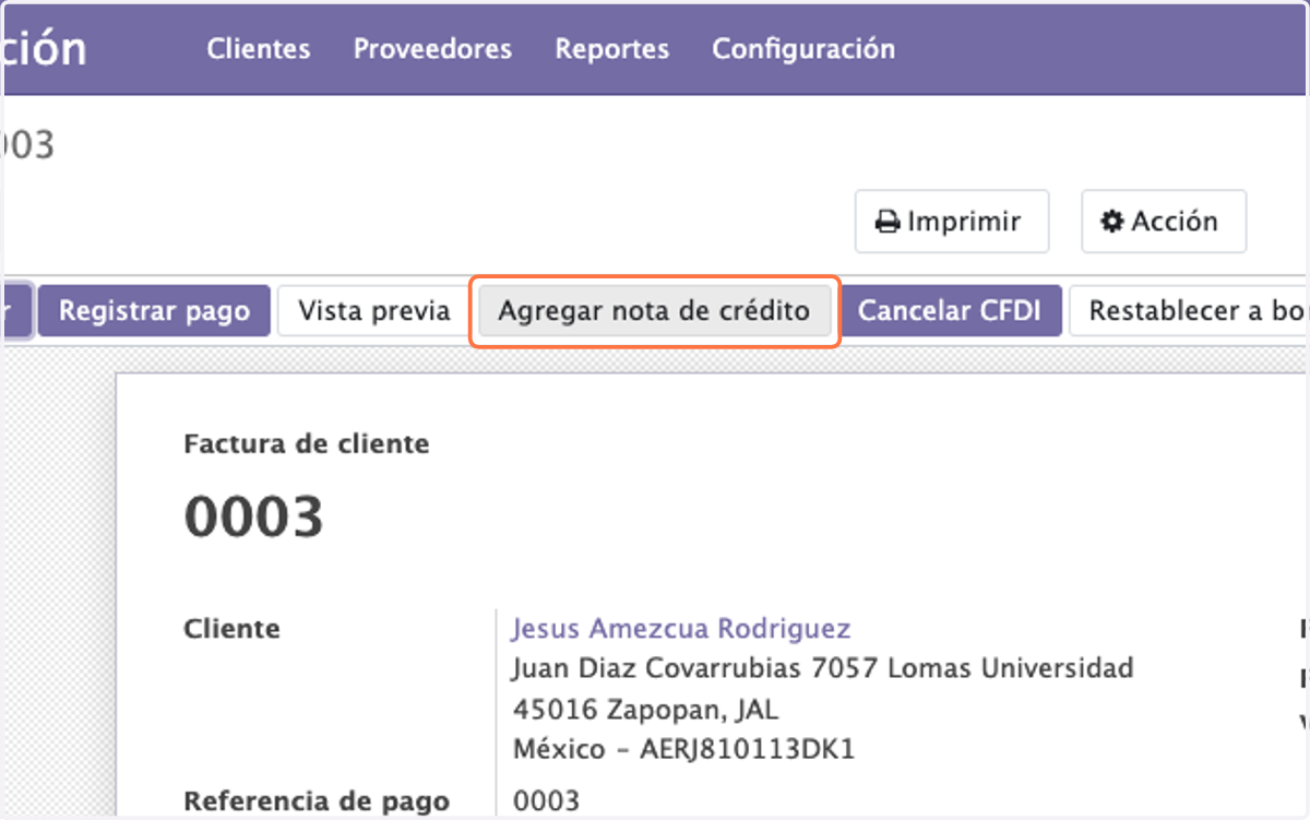 Una vez abierto el documento damos click en Agregar nota de crédito