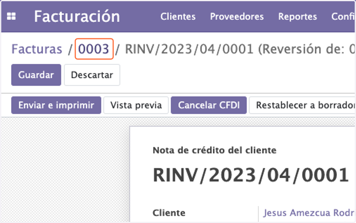 Regresamos a la Factura dando click en el folio de la factura en este caso la 0003