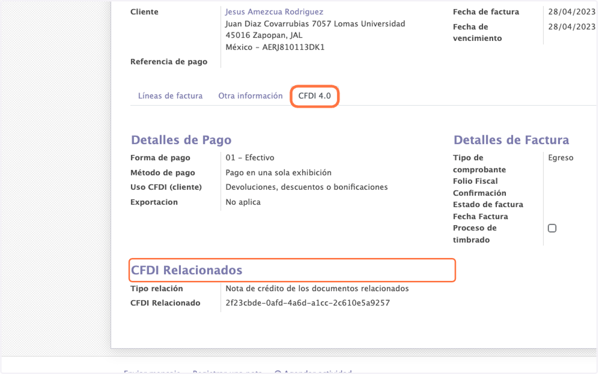 En la pestaña de CFDI podemos observar que en el campo de CFDI Relacionados se encuentra la factura original
