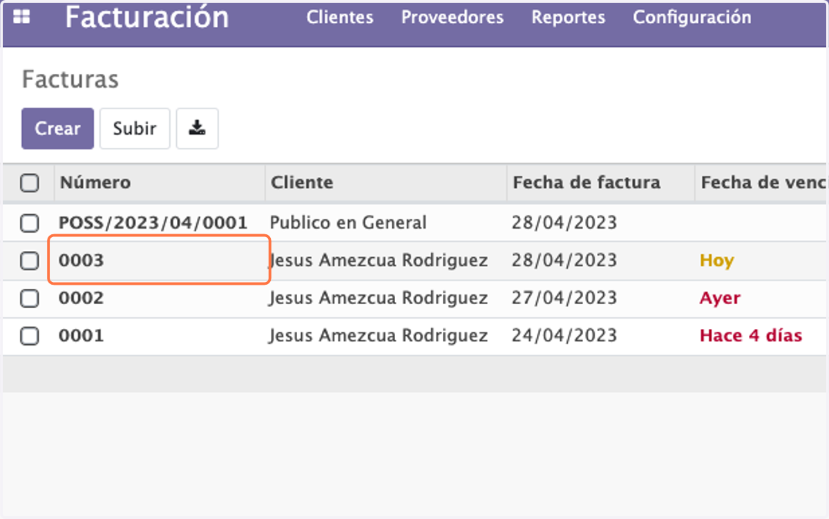 En el modulo de facturación seleccionamos el documento al cual se le generara una nota de crédito o devolución. En este ejemplo usaremos el 0003