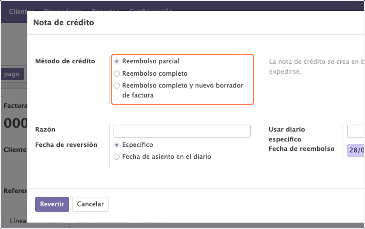Seleccionamos el tipo de reembolso en Método de crédito, en este caso generaremos un reembolso parcial.