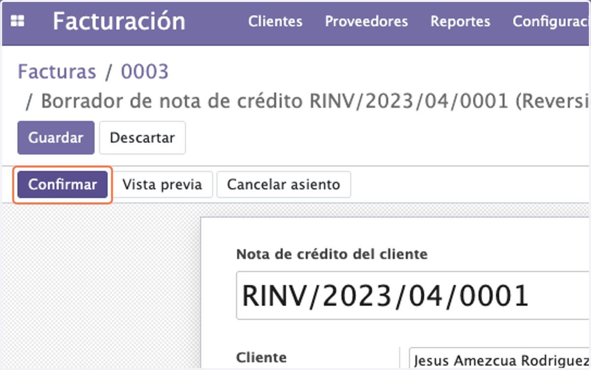 Click en Confirmar