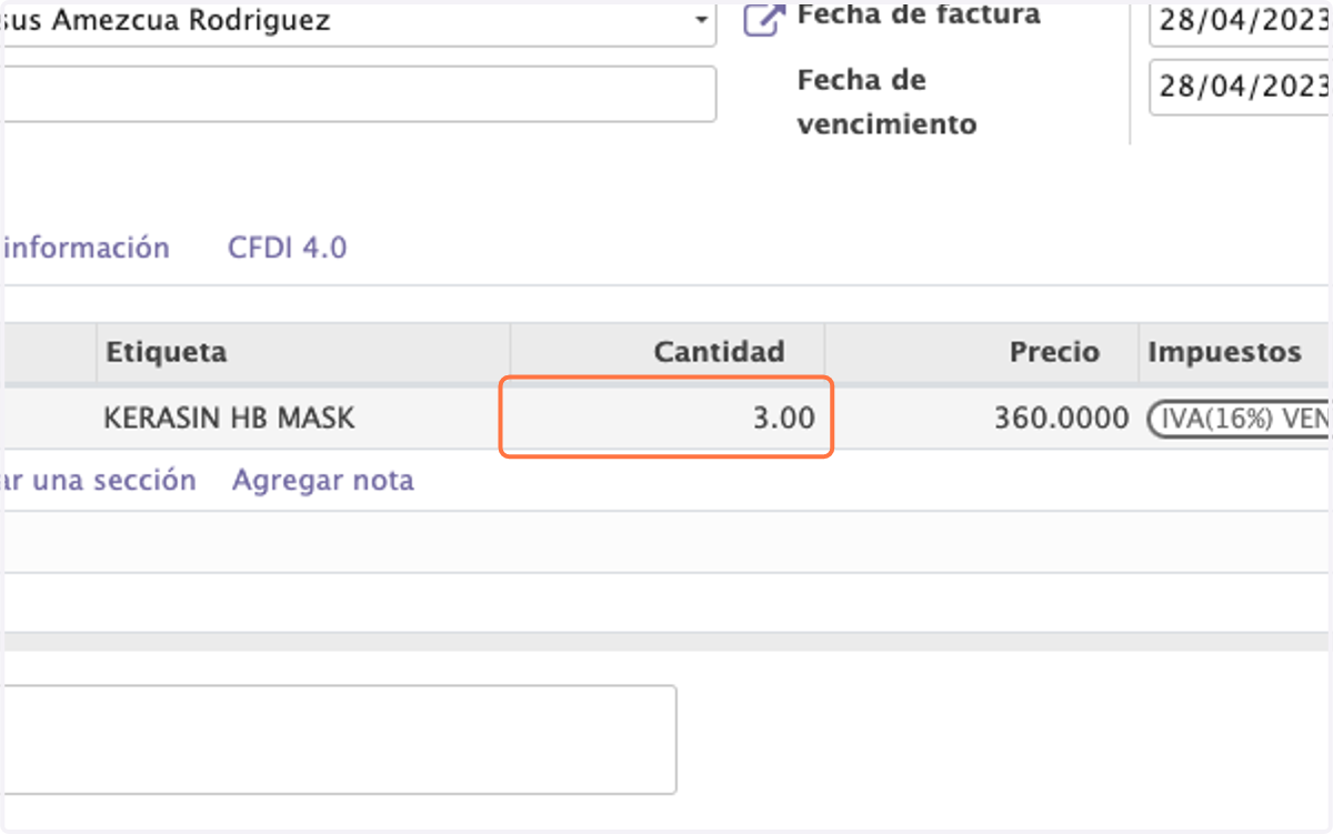 Modificamos la cantidad por el numero de productos a regresar y el precio