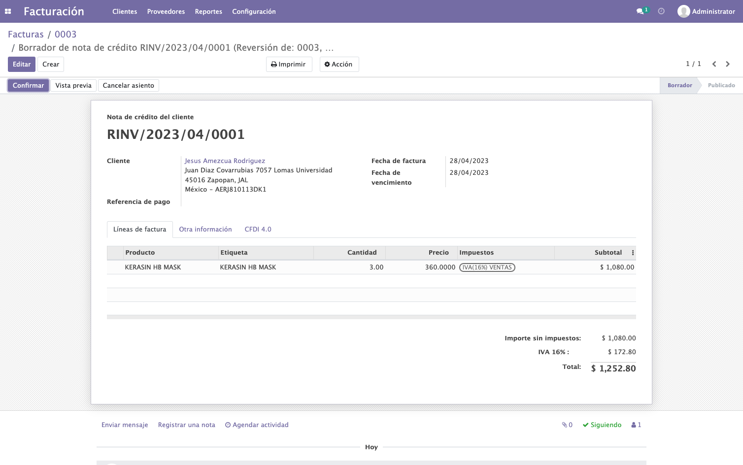 Se genera el borrador de Nota de crédito del cliente que podemos ver con un folio de RINV seguido del año, mes y consecutivo.