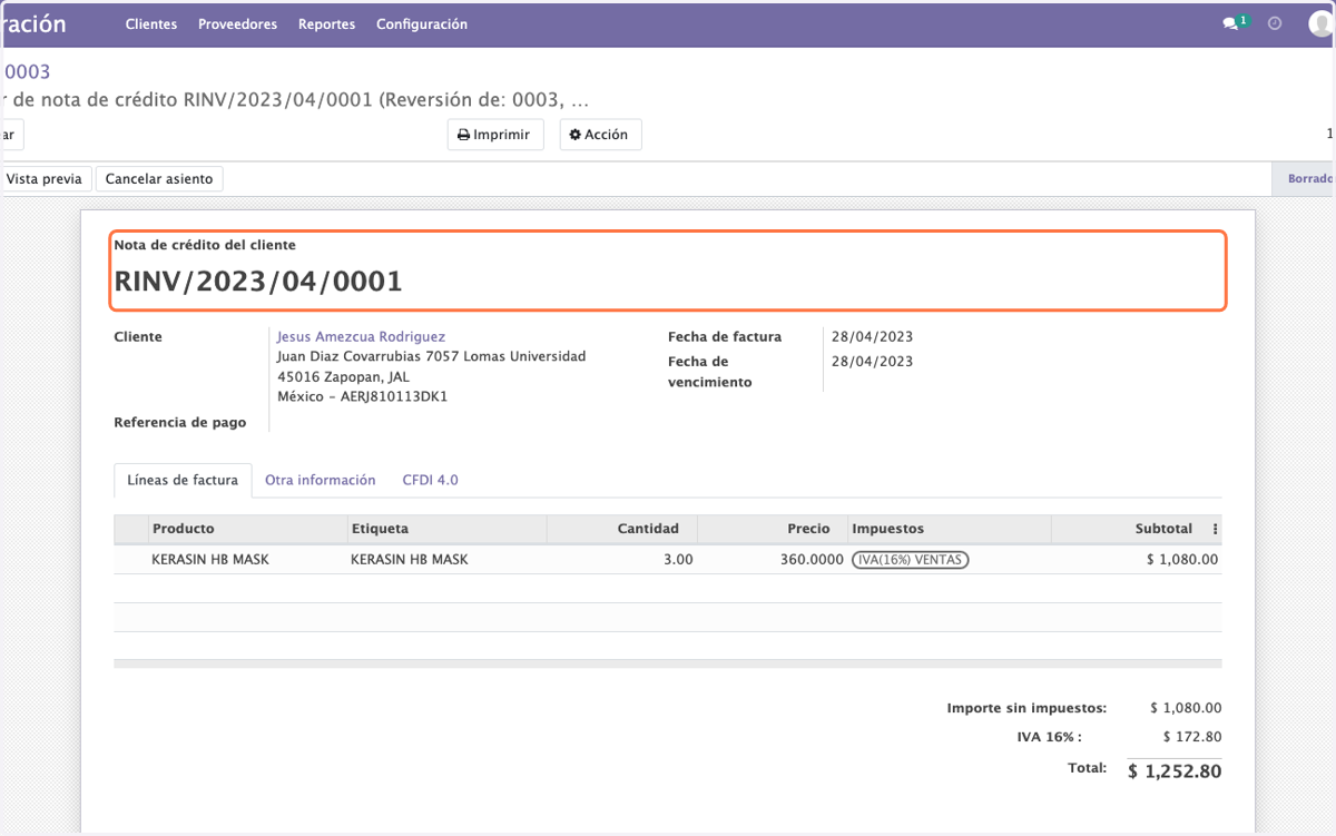 Se genera el borrador de Nota de crédito del cliente que podemos ver con un folio de RINV seguido del año, mes y consecutivo.