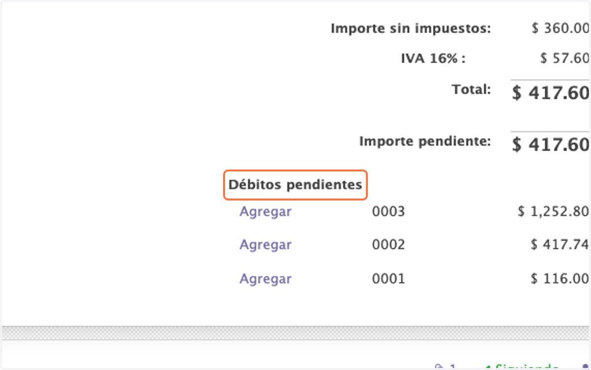 Observamos las facturas con saldo pendiente en Débitos pendientes