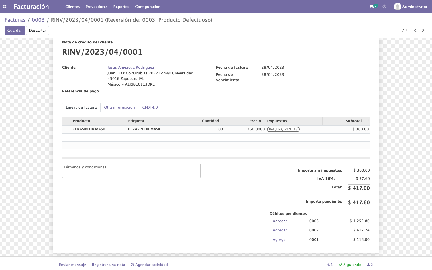 Aplicamos el saldo de la nota de credito a la factura original dando click en Agregar en la linea de la factura que corresponda, en este caso de ejemplo la 0003
