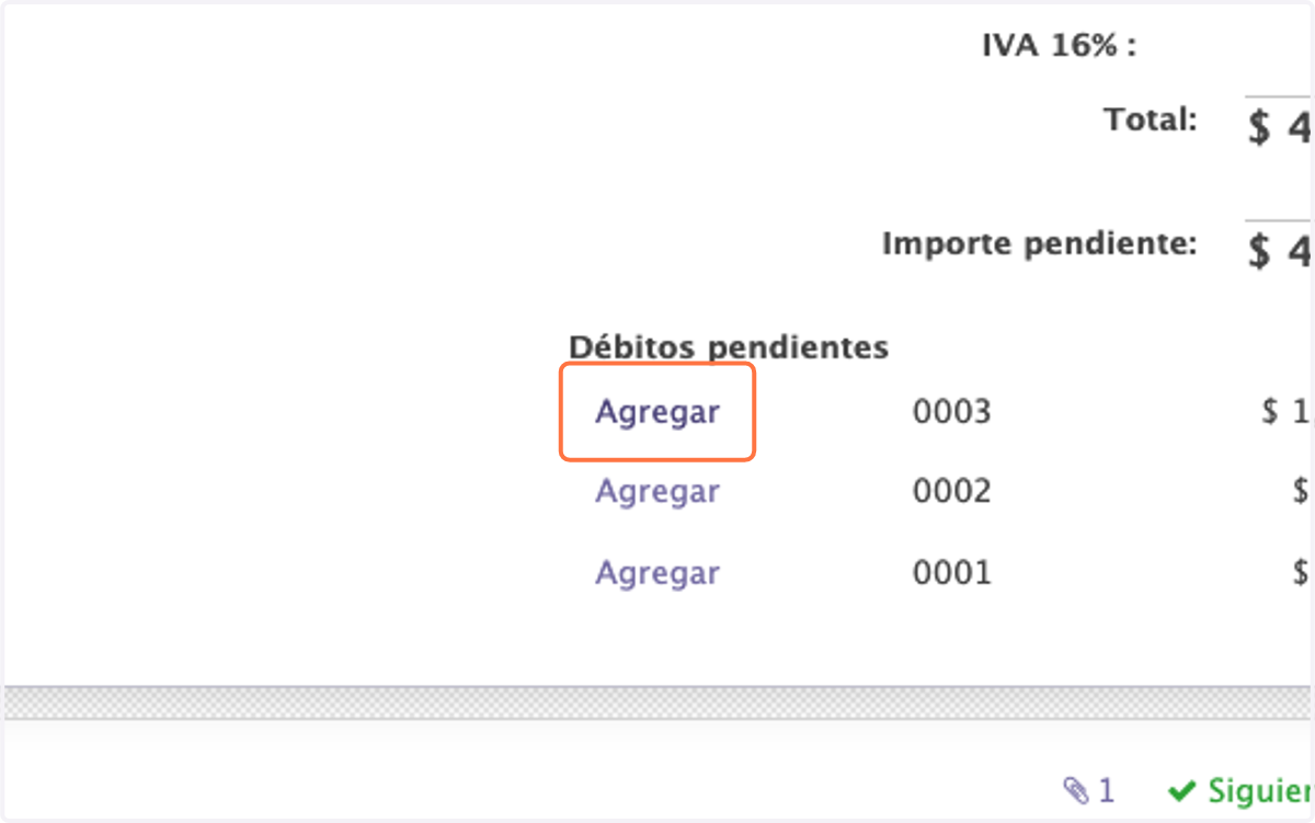Aplicamos el saldo de la nota de credito a la factura original dando click en Agregar en la linea de la factura que corresponda, en este caso de ejemplo la 0003