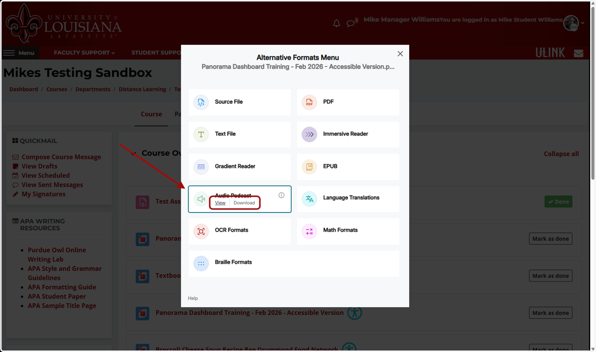 Hover your mouse over an alternate format, and click View or Download.