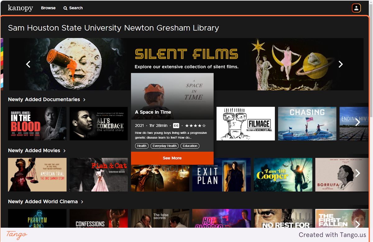 To start, login to Kanopy with your SHSU username and password. Roll your cursor over any film displayed to see the "CC" icon which identifies that the film has captions. Click on the item if you want to read more details or watch the film.