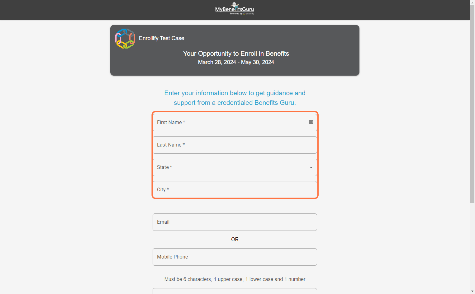 When employees click the link or use the QR code they will be taken to a registration page. At the top of the page they will fill out their Full Name, Resident State, and Resident City.