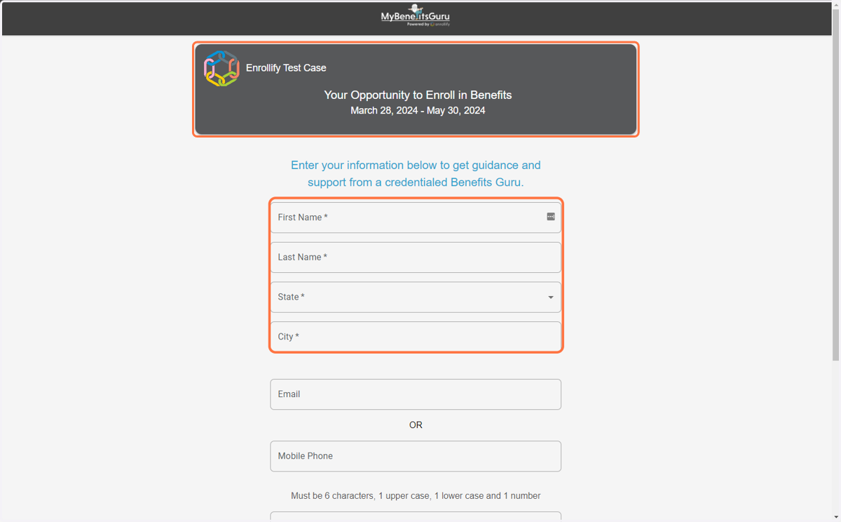 When employees click the link or use the QR code they will be taken to a registration page. At the top of the page they will fill out their Full Name, Resident State, and Resident City.