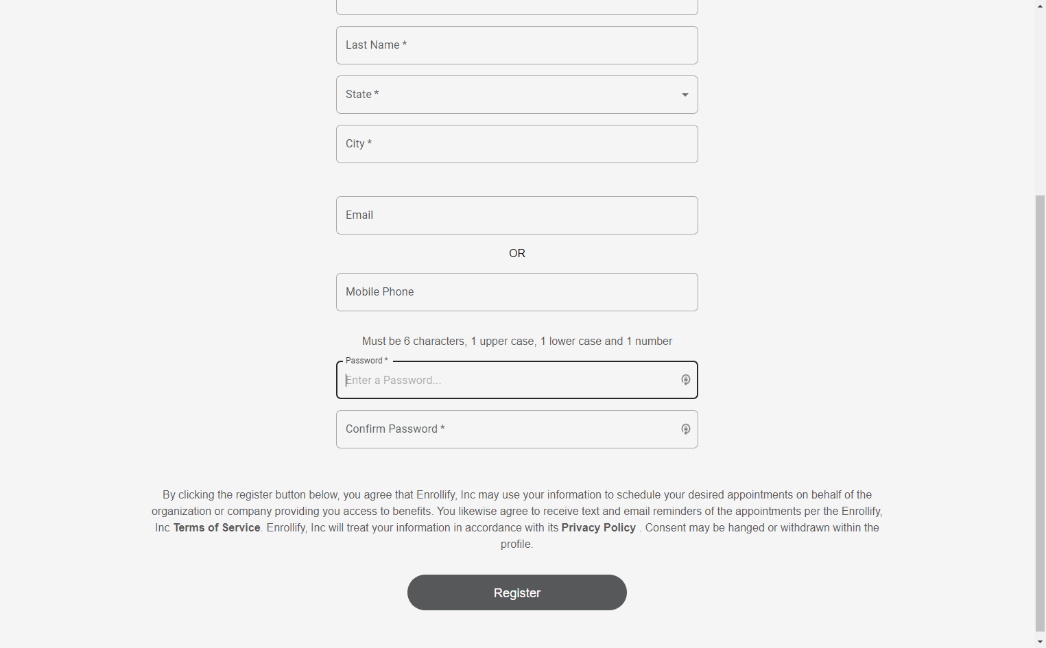 Finally, the employee will click 'Register' to be directed to the login screen. After entering their password once more they will gain access to their employee profile and ability to schedule a benefits appointment.