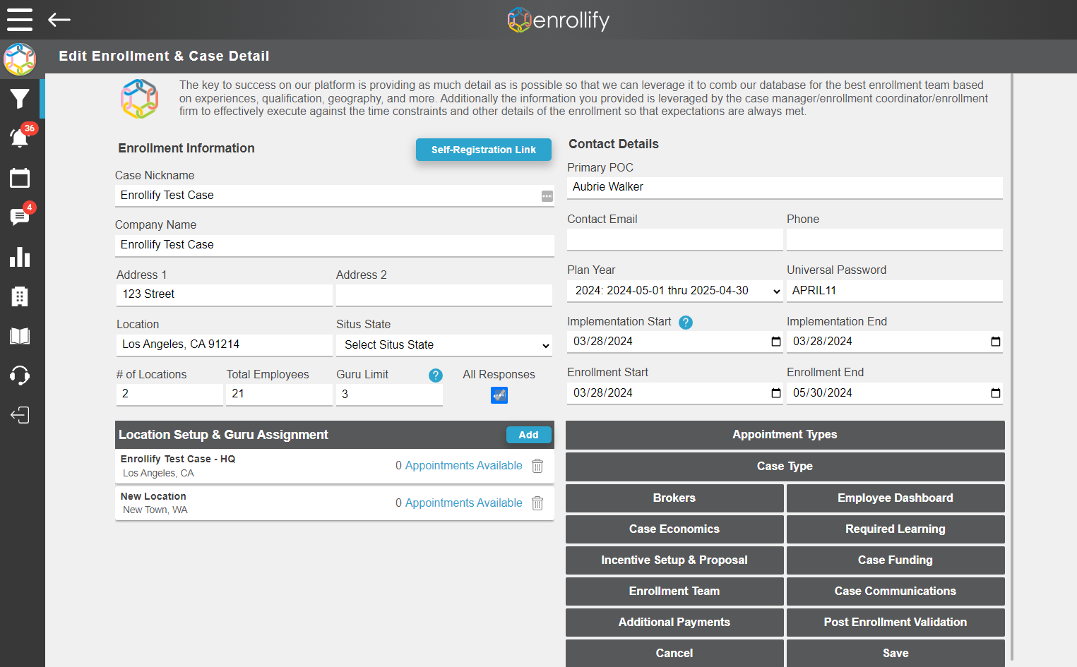To access the Self-Registration link, go to the 'Edit Enrollment & Case Detail' page of your case.