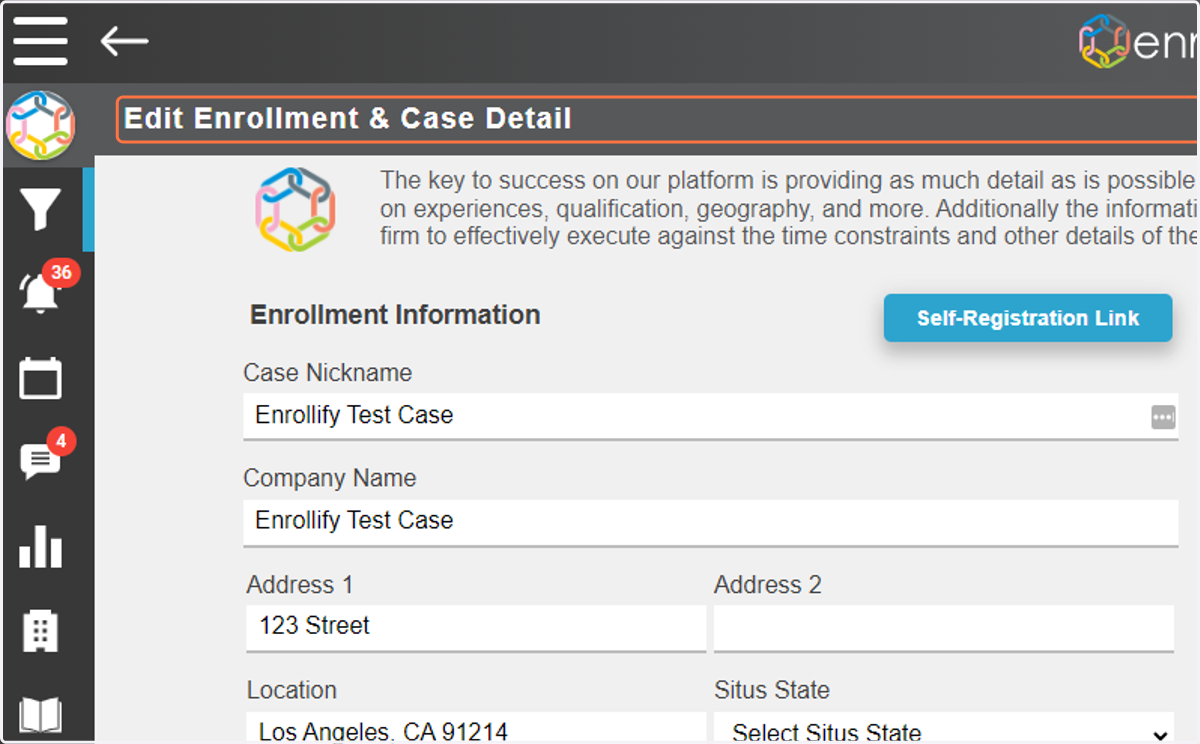 To access the Self-Registration link, go to the 'Edit Enrollment & Case Detail' page of your case.