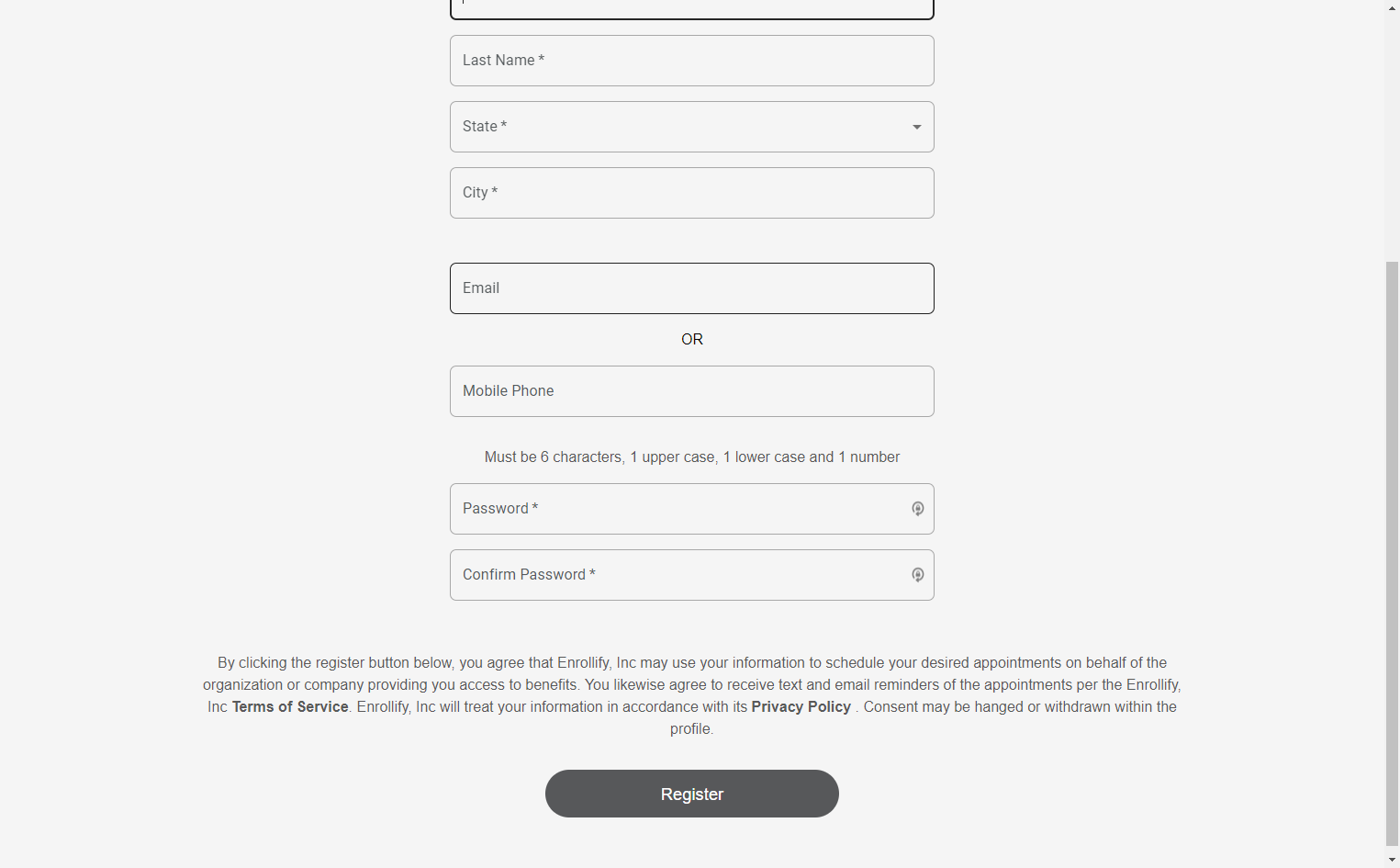 At the bottom of the page they will enter their email address and/or mobile number, and create a password for their account.