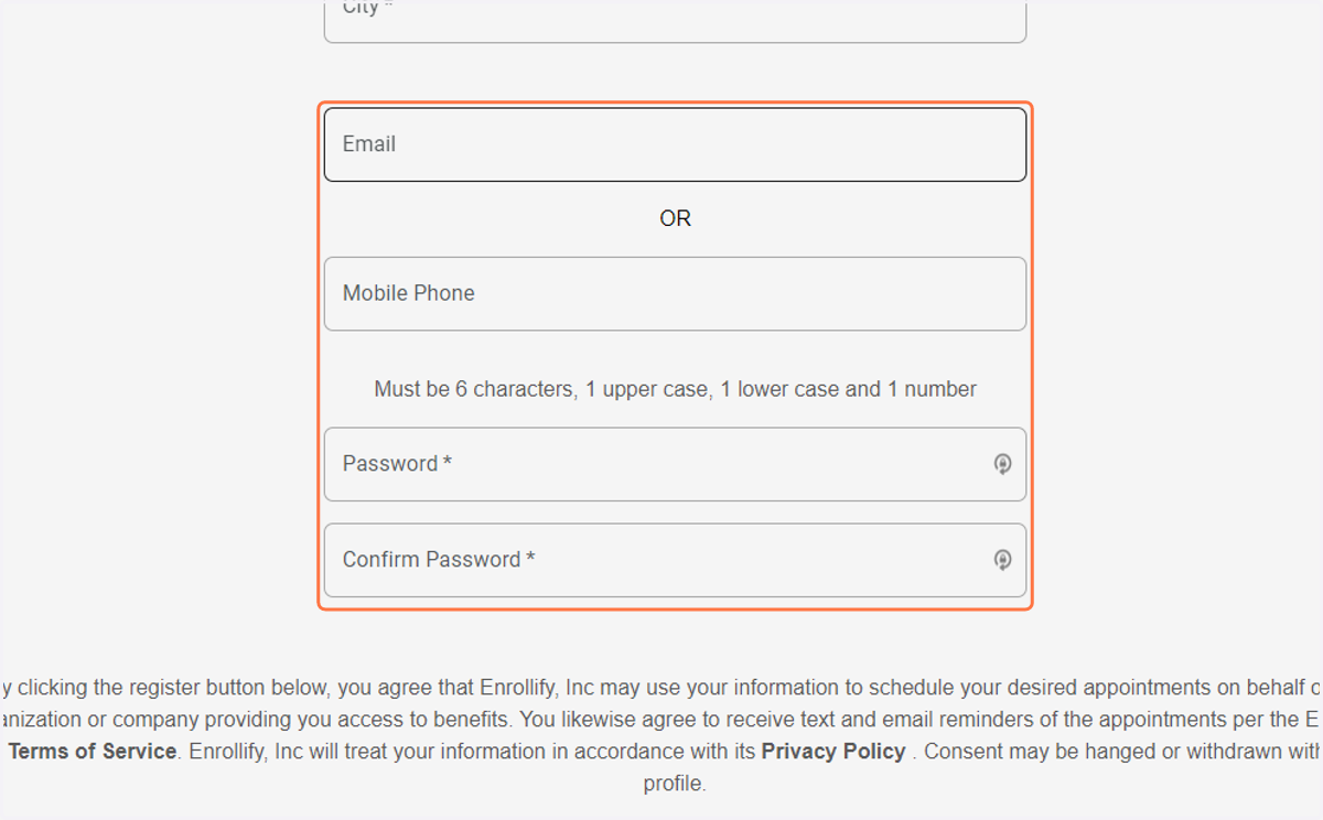 At the bottom of the page they will enter their email address and/or mobile number, and create a password for their account.
