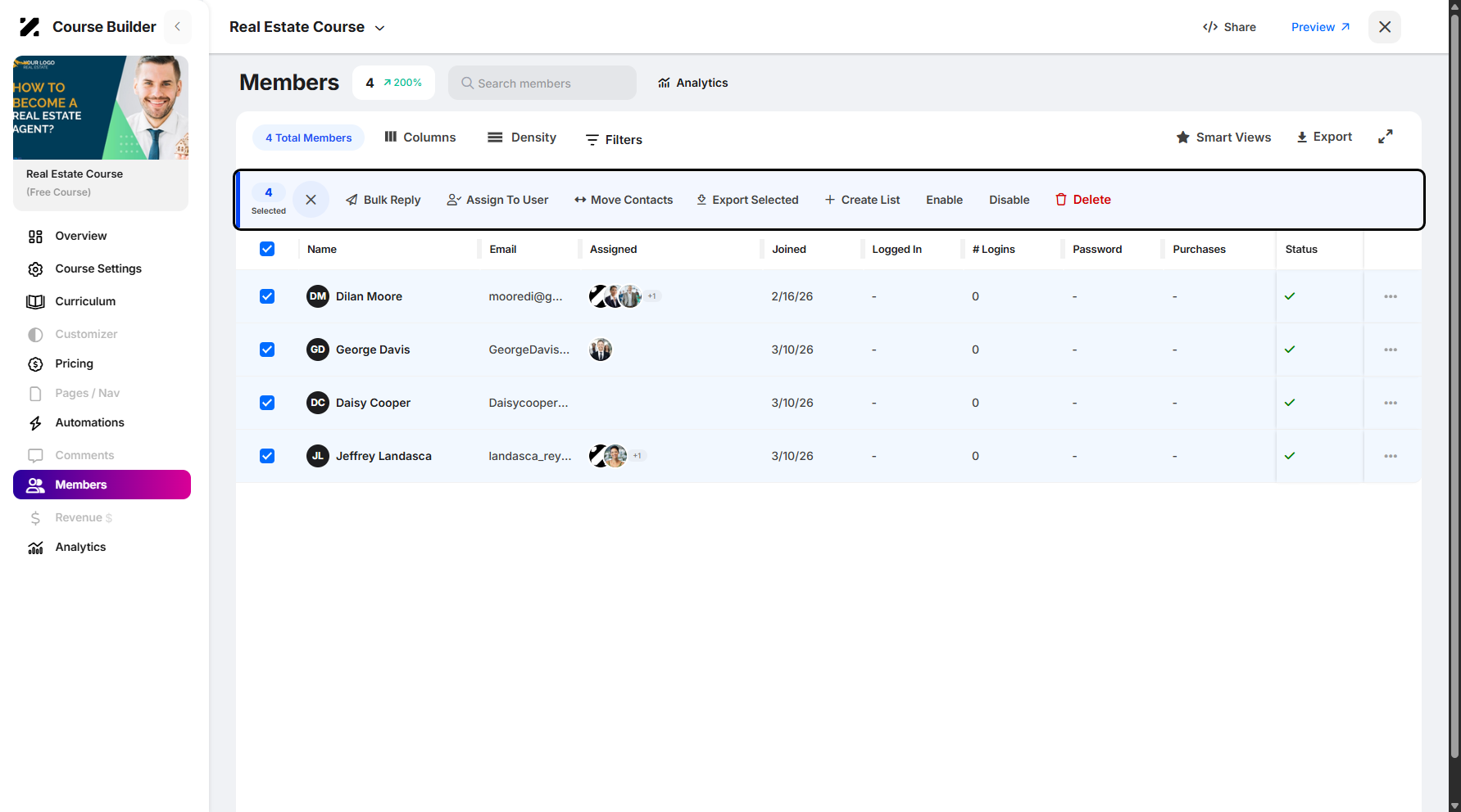 Step 9: Performing bulk actions with members is available. You can send a bulk reply, assign them to one or more users, move them to a pipeline at once, export them, create a list, enable or disable them, and delete them.