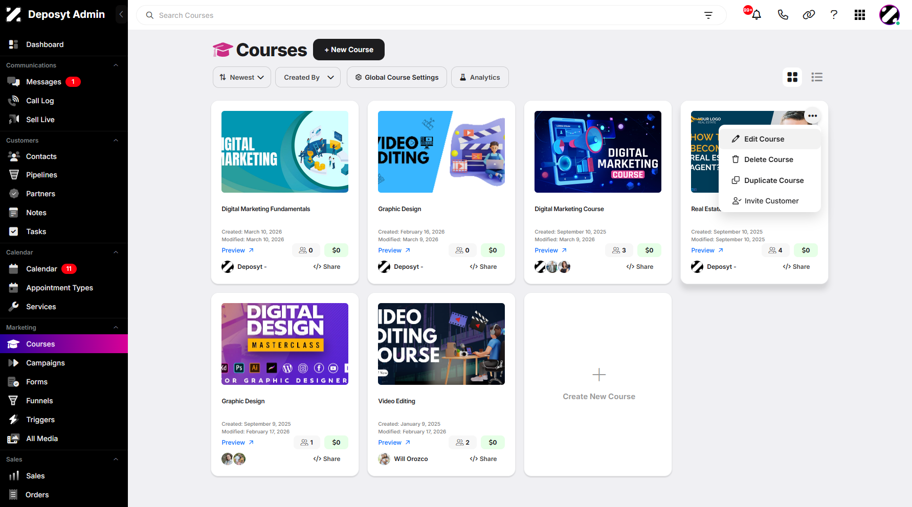 Step 3: Select a course, click the three-dot menu, then click Edit Course.