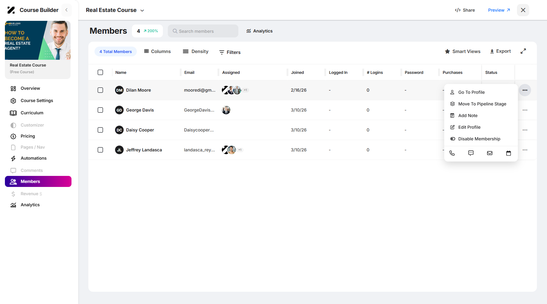Step 8: There’s also a three-dot menu available for each member for better organization. You can view and edit their profile, move them to a new pipeline and stage, add notes, and disable them.