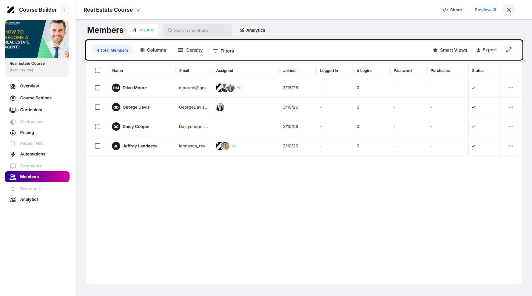 Step 7: From this section, you can view the total number of members. You can also manage the columns, adjust density, and apply filters. Once you’ve applied a filter, you can save it as a new smart view. You may also export your course’s members.