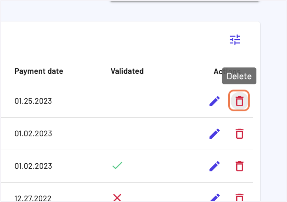 If you want to delete a payment, click on "Delete" trash icon