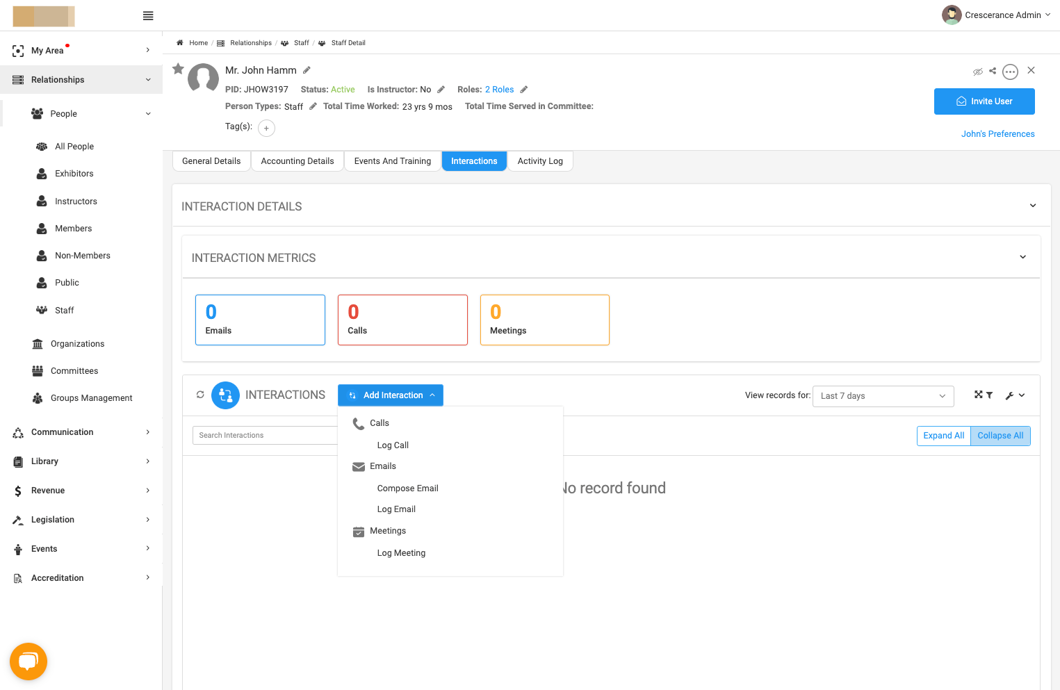 Click on the type of interaction you wish to create - Call, Email or Meeting