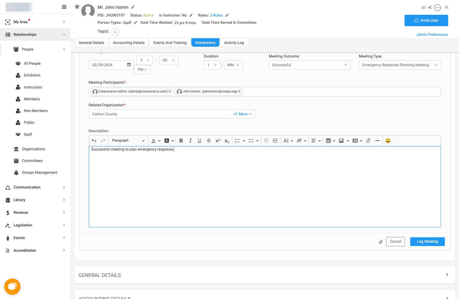 Click on Log Meeting when finished