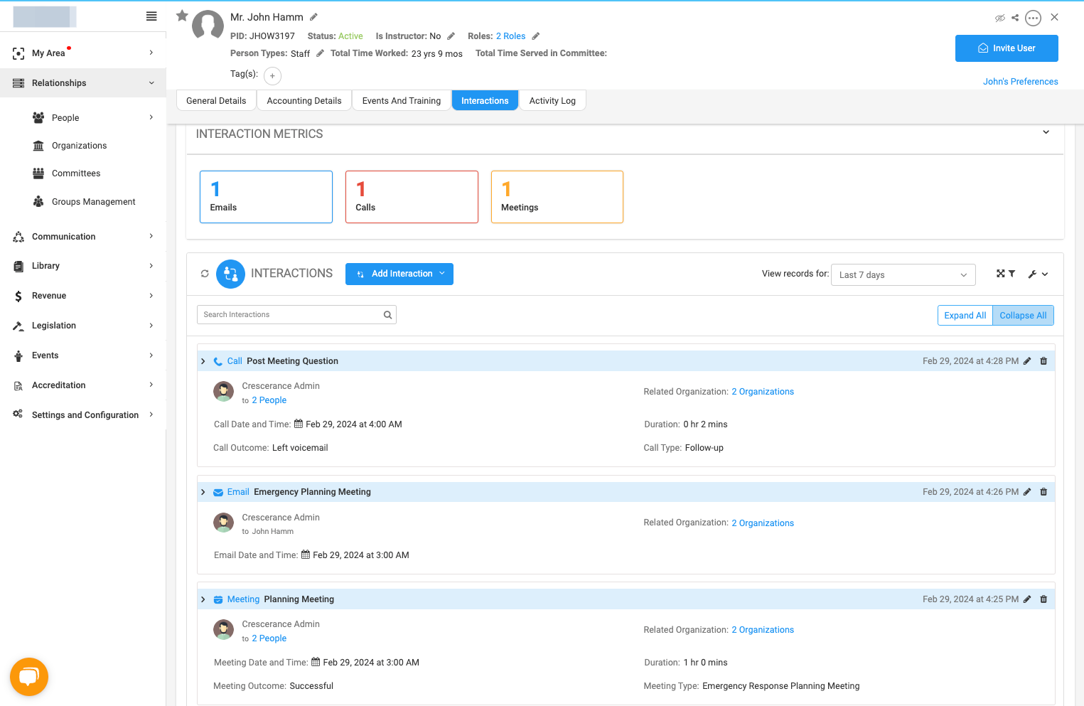 In the INTERACTION METRICS dash, you will see the number of interactions with this person