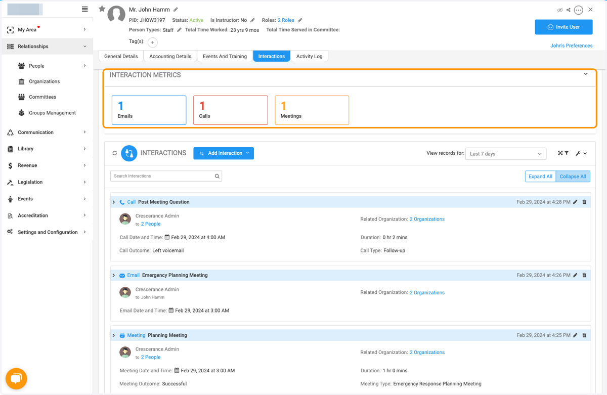 In the INTERACTION METRICS dash, you will see the number of interactions with this person