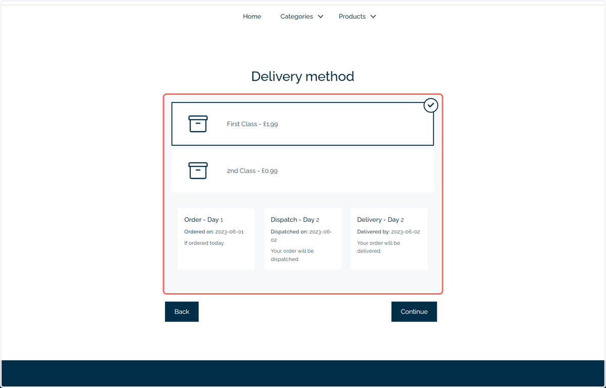 The Delivery Method step will now display the dates of key order dates