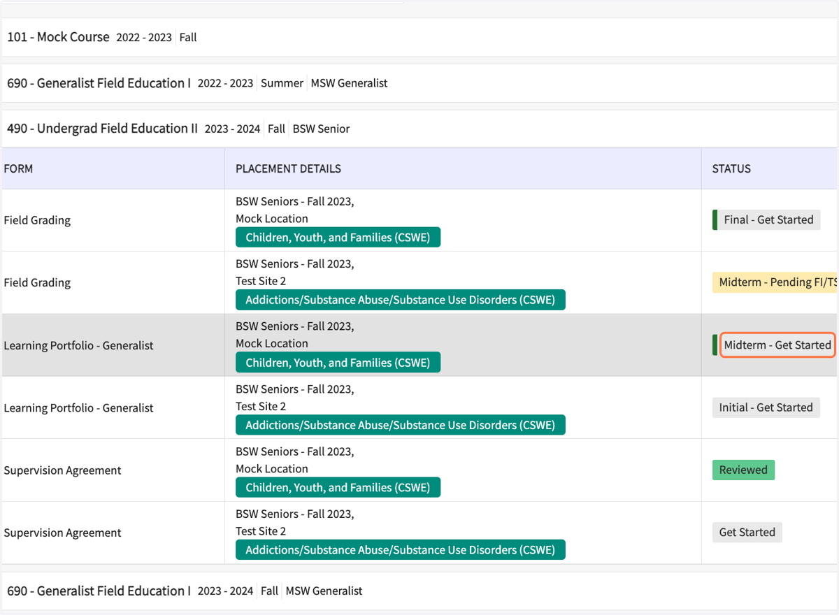 On the Learning Portfolio row, click on "Midterm - Get Started"