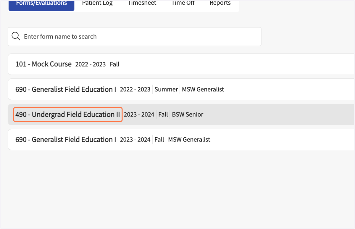 To review the status of the midterm, go to the activities page, click on the name of your field course. Click on 490 - Undergrad Field Education II
