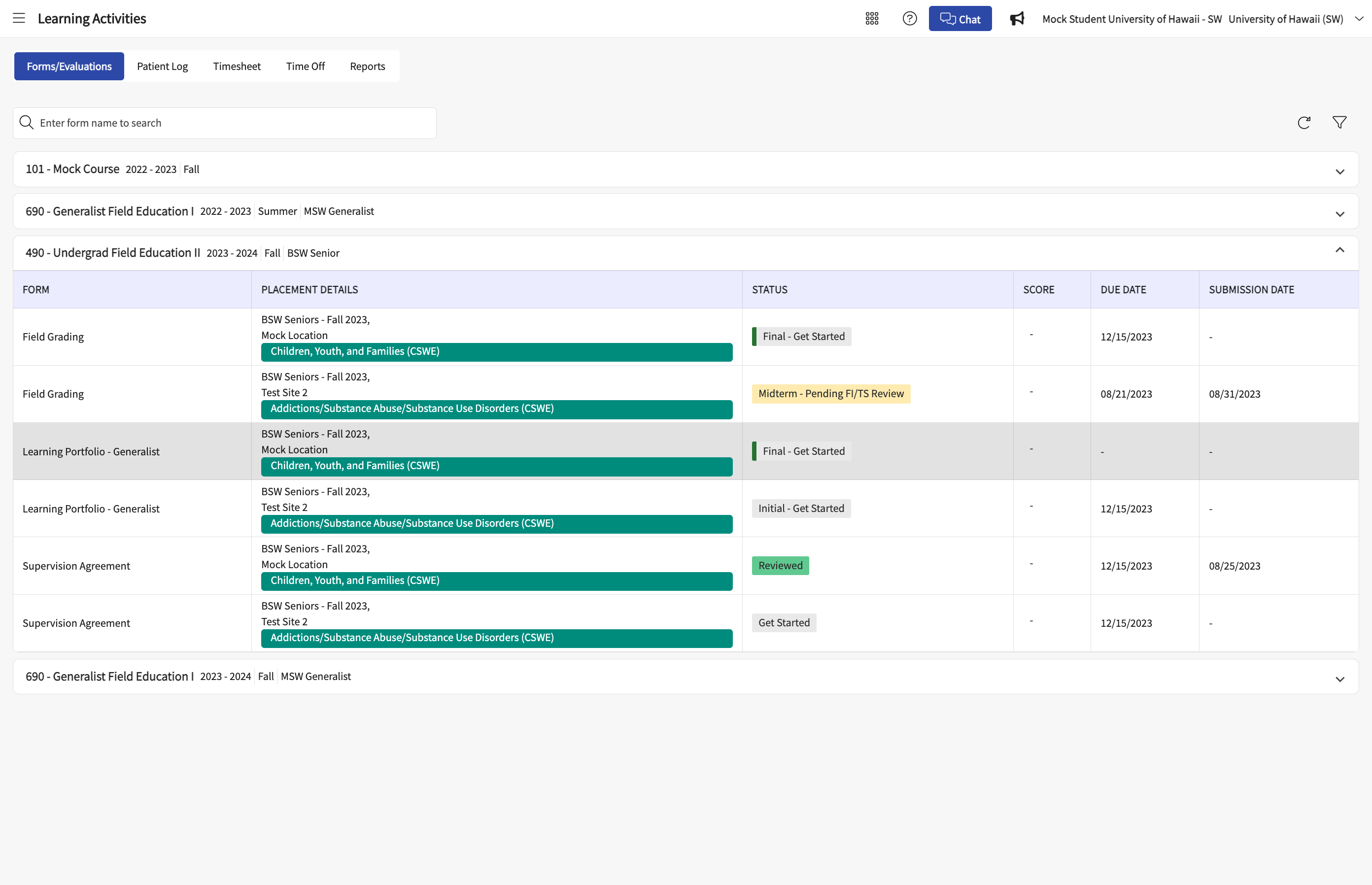After your Field Liaison or Coordinator reviews the Midterm, you will see the status as, "Final - Get Started." This means it is editable and ready for you to start your final self-evaluation.