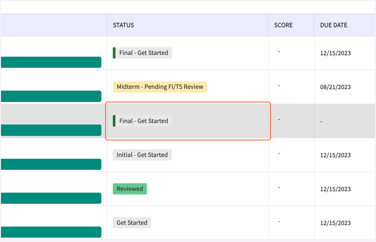 After your Field Liaison or Coordinator reviews the Midterm, you will see the status as, "Final - Get Started." This means it is editable and ready for you to start your final self-evaluation.