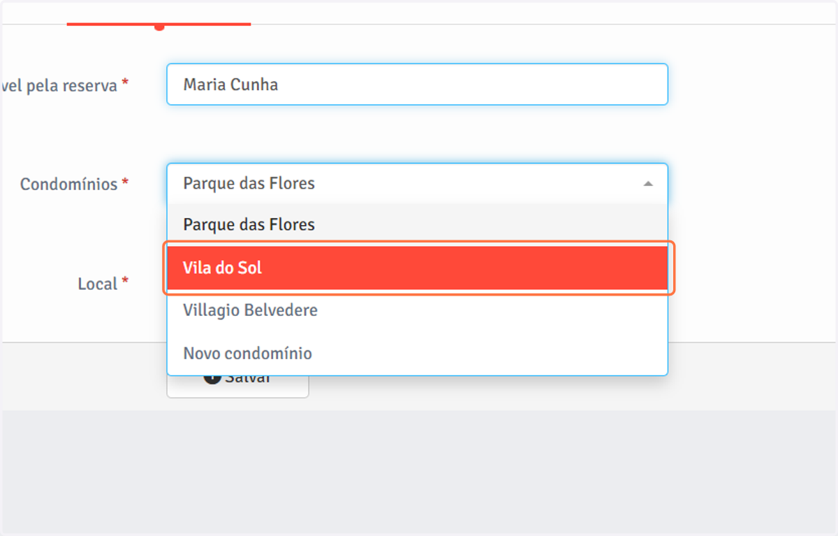 Selecione o condomínio ao qual a pessoa pertence.