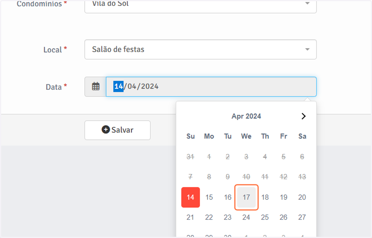 Na aba "Data", defina o dia da reserva no calendário suspenso.