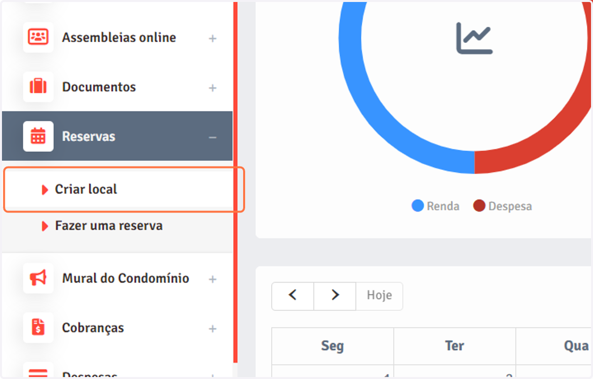 Primeiro, vamos cadastrar os espaços comuns de cada condomínio disponíveis para reserva. Clique em "Criar local".