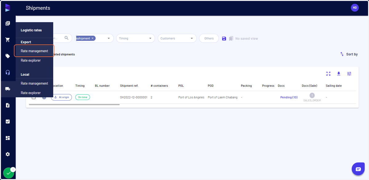 Alternatively, to add a new rate you can go to "Logistic rate" and click on "Rate management" under "Export"