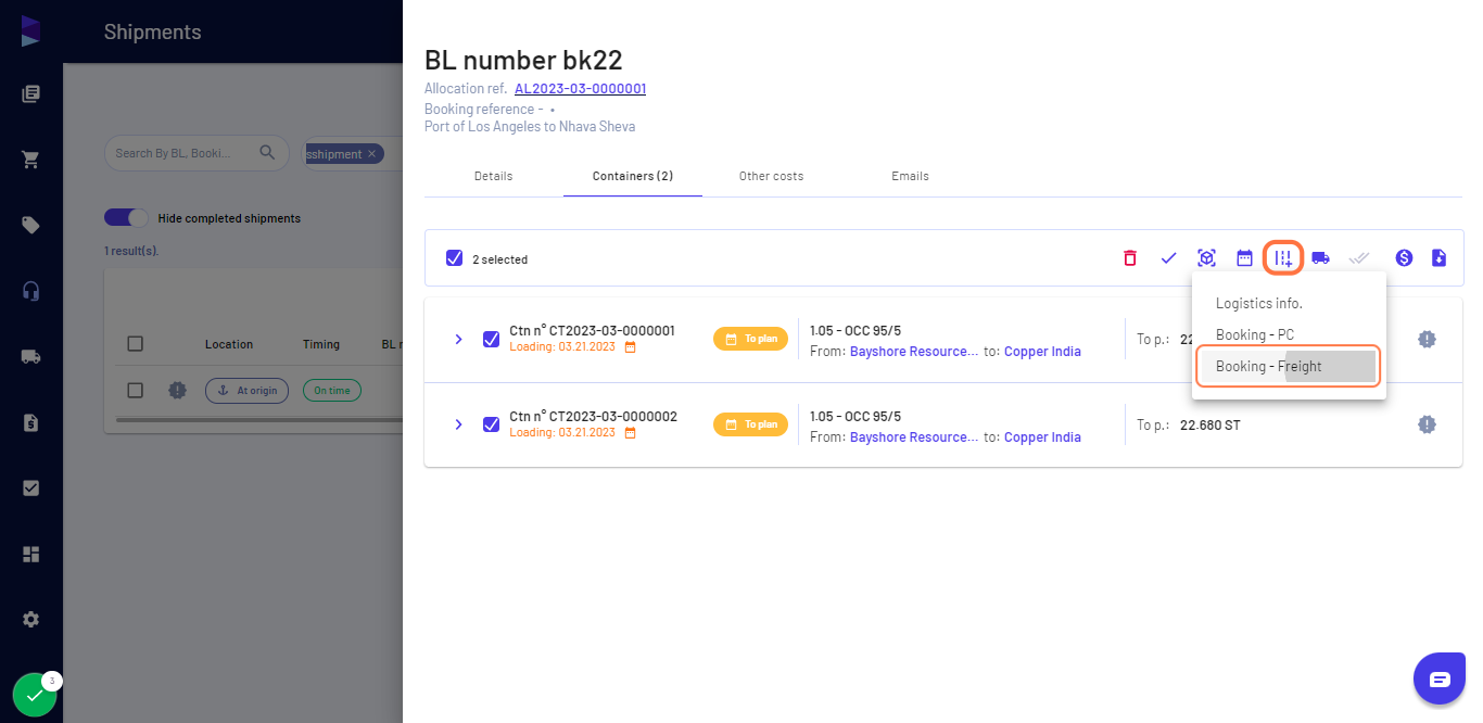 Select the containers and click on "Booking - Freight"