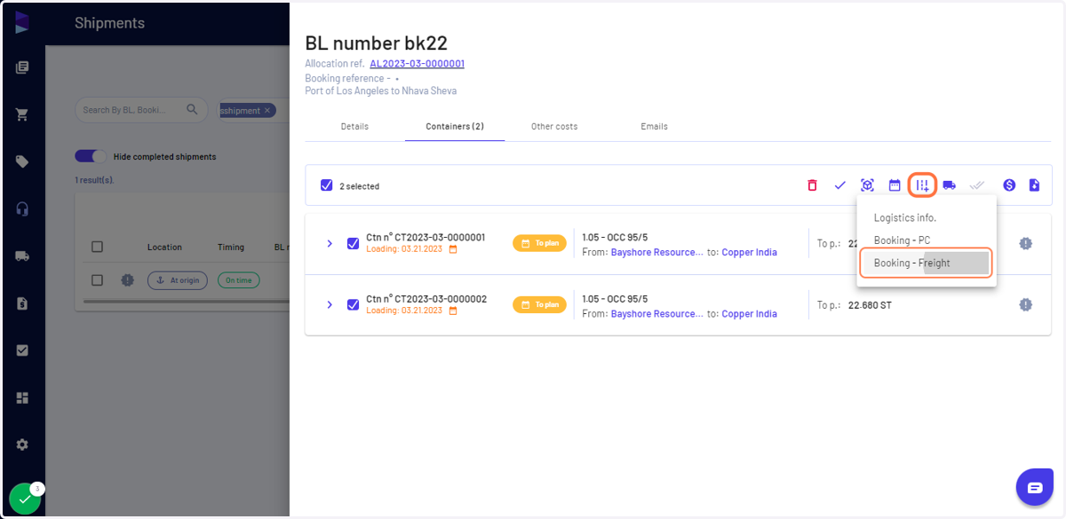 Select the containers and click on "Booking - Freight"