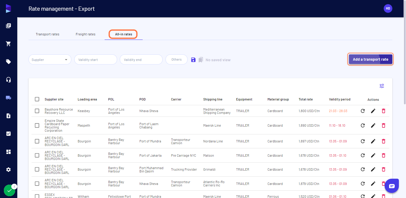 Click on "Add a transport rate"