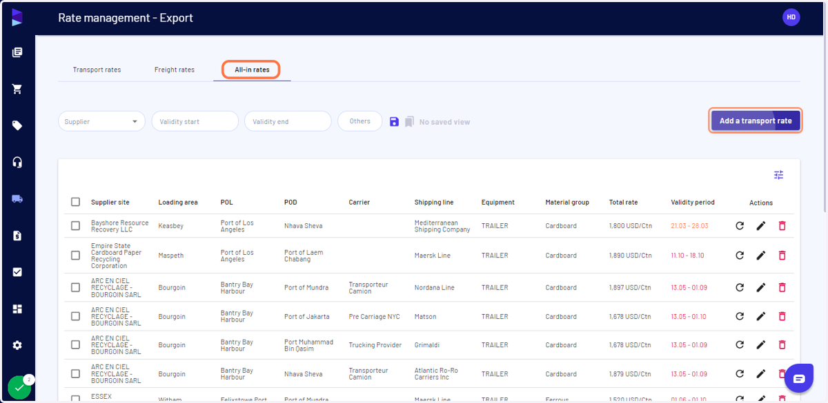 Click on "Add a transport rate"