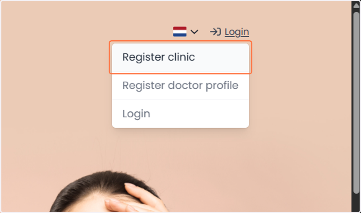 Click on 'Register clinic'. Klik op 'Kliniek registreren'.