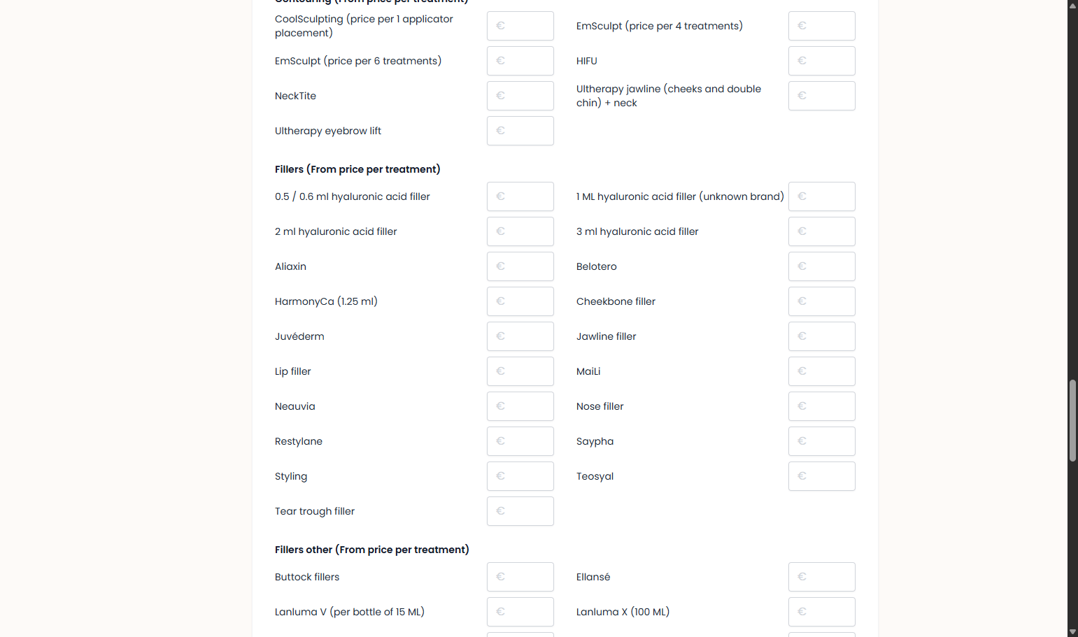 For fillers (starting price per treatment) Voor fillers (vanaf prijs per behandeling)