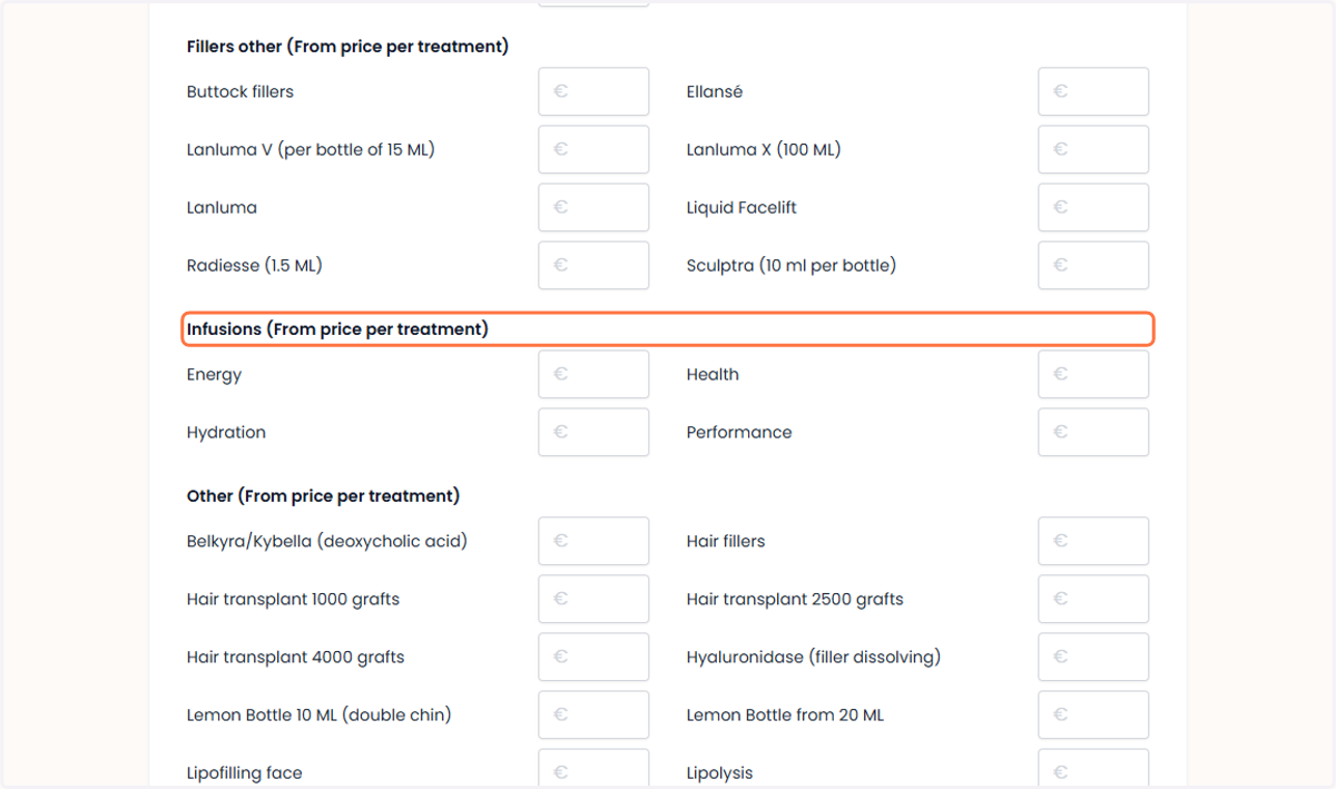 For infusions (starting price per treatment) Voor infusies (vanaf prijs per behandeling)