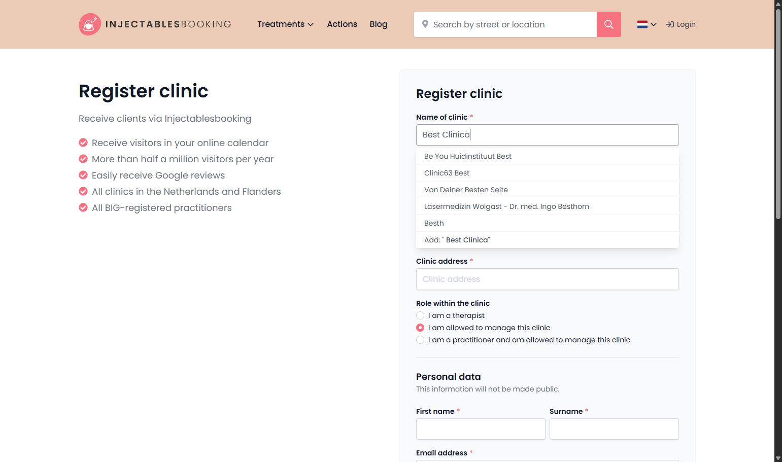 Type the name of your clinic. Typ de naam van je kliniek in.