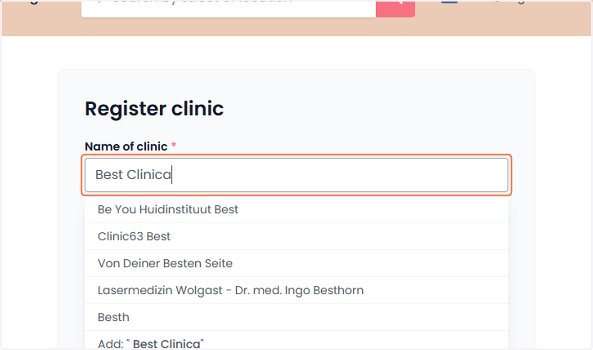 Type the name of your clinic. Typ de naam van je kliniek in.